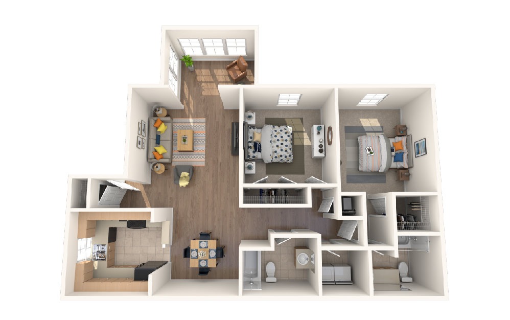 Two Bedroom Two Bathroom SR - 2 bedroom floorplan layout with 2 baths and 1043 square feet.